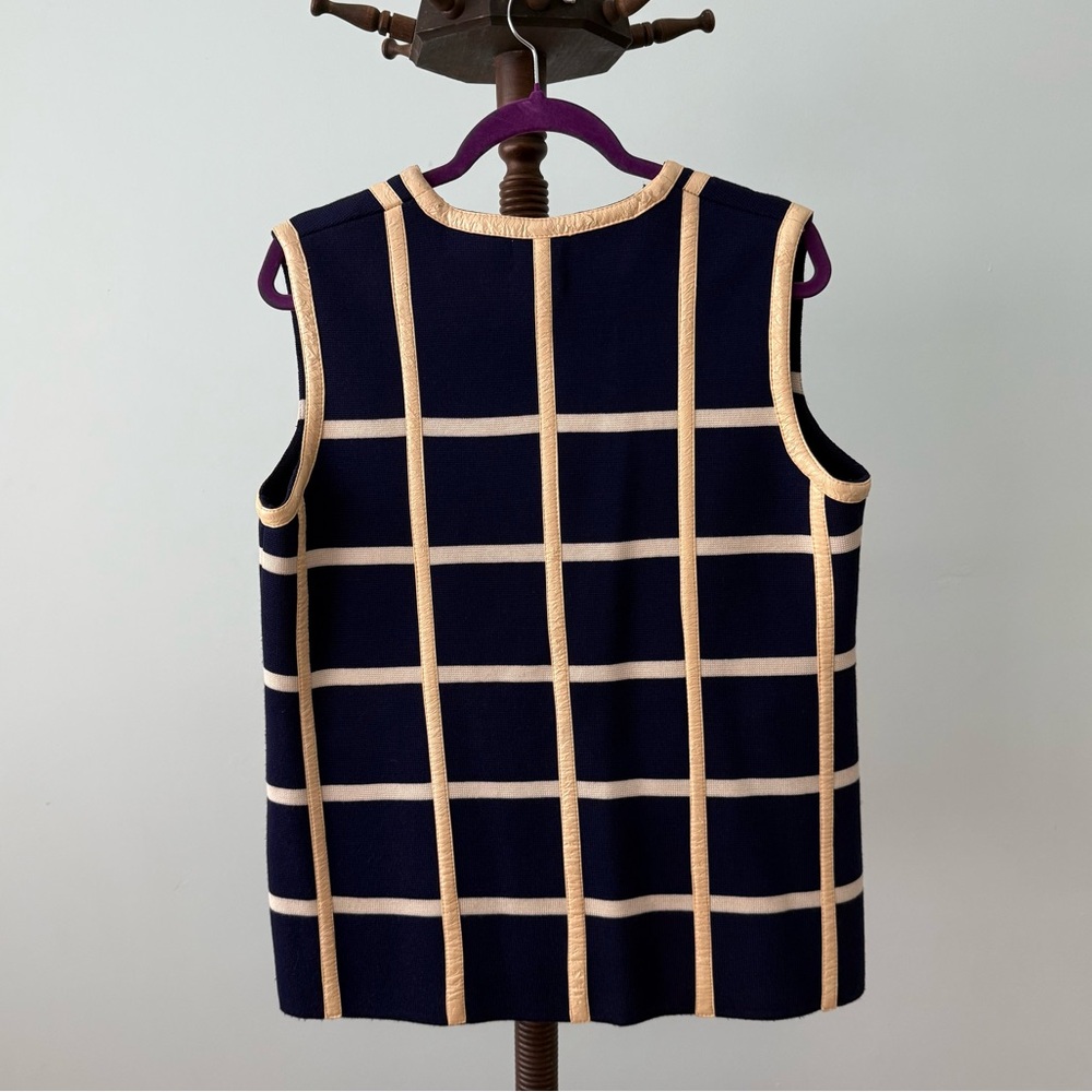 Vintage Neusters Navy Grid Vest Cream Trim Button Front Size L - Picture 2 of 13